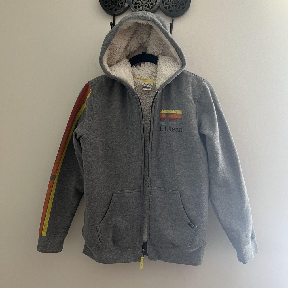 L.L. Bean Full Zip Hoodie Boys Girls L 14-16 Gray Sherpa Retro‎ Rainbow Stripe